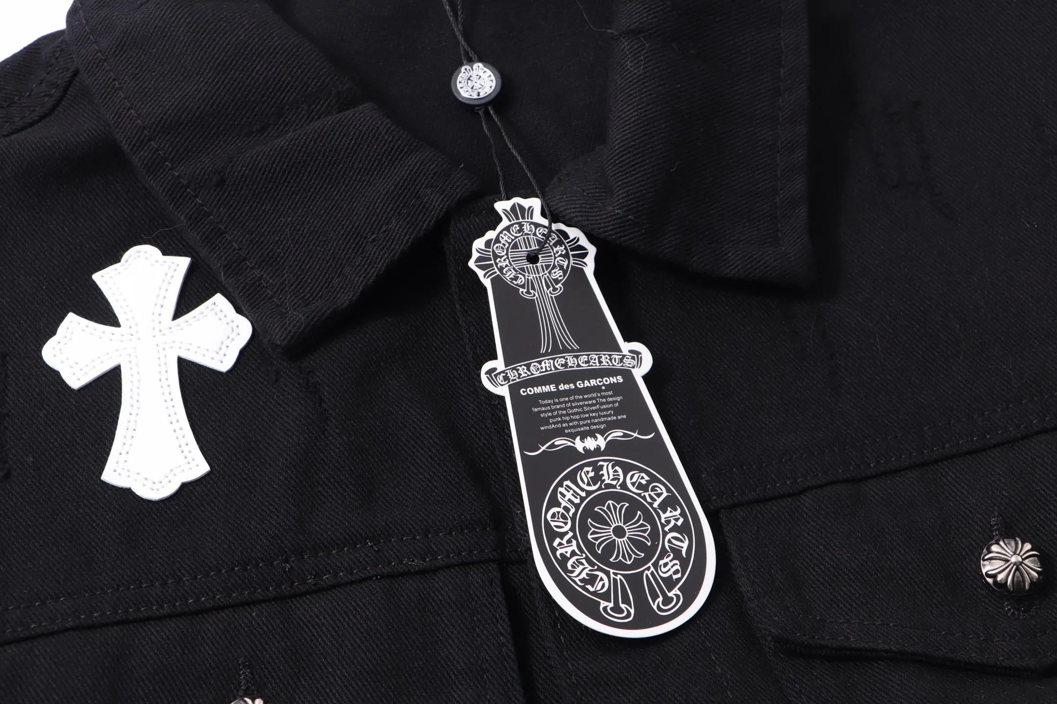 P310 Chrome Hearts Chrome Hearts leather cross-piece embroidered shirt denim jacket Color: black blue black Size: M L XL XXL XXXL